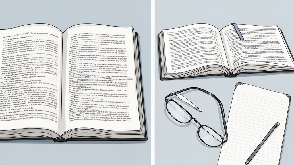 Two open books sit side by side on a desk with reading glasses and a blank notebook, illustrating comparison of translations and commentary.