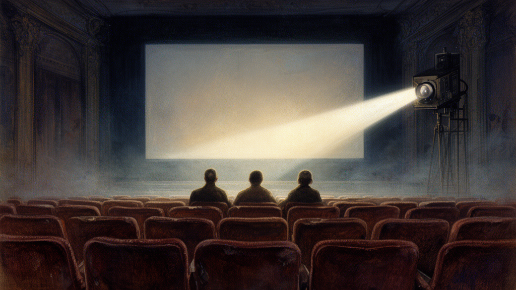 Interior of a dim 1960s Paris cinema with rows of velvet seats and a projector beam over the screen, three figures seated in the front row.