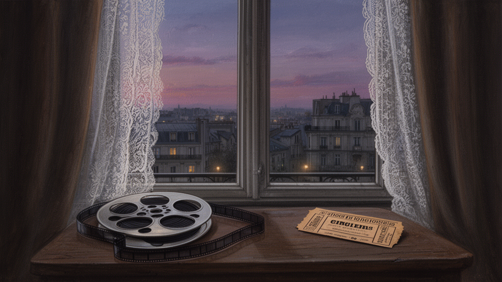 A Paris apartment window at dusk with lace curtains, a film reel and a ticket on a table, and rooftops visible outside.