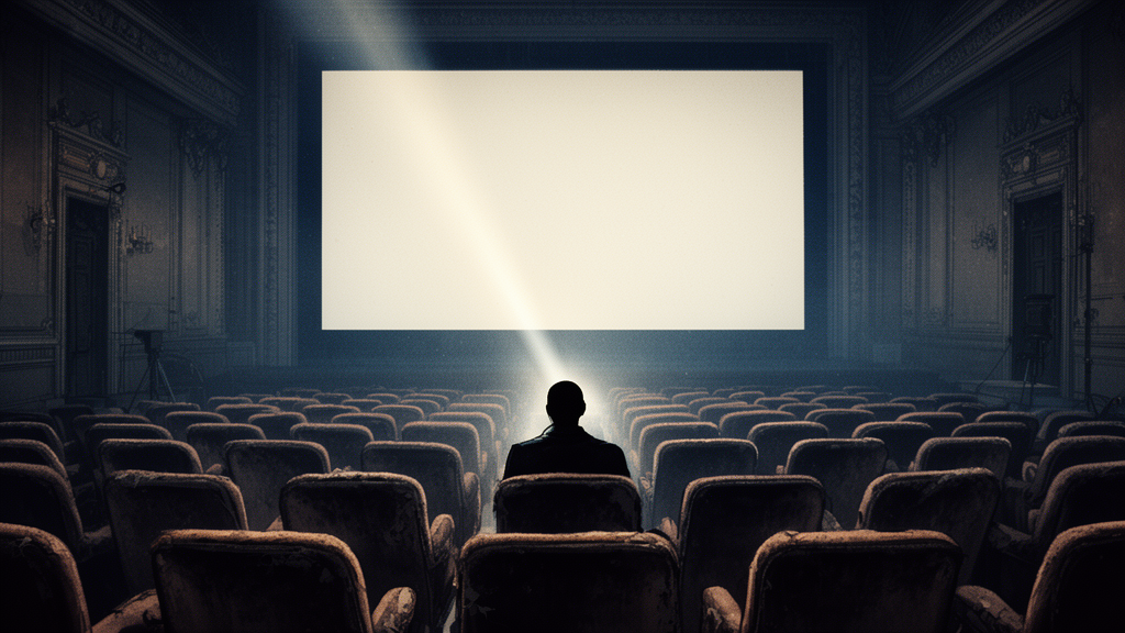 A dim 1960s Paris cinema auditorium with empty rows of seats facing a blank screen, lit by a single projector beam.