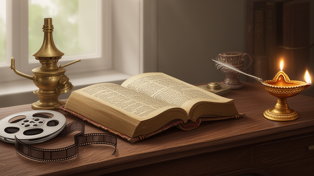 An open antique book on a wooden desk beside a lamp, a film reel, and an unlit brass diya in soft window light.