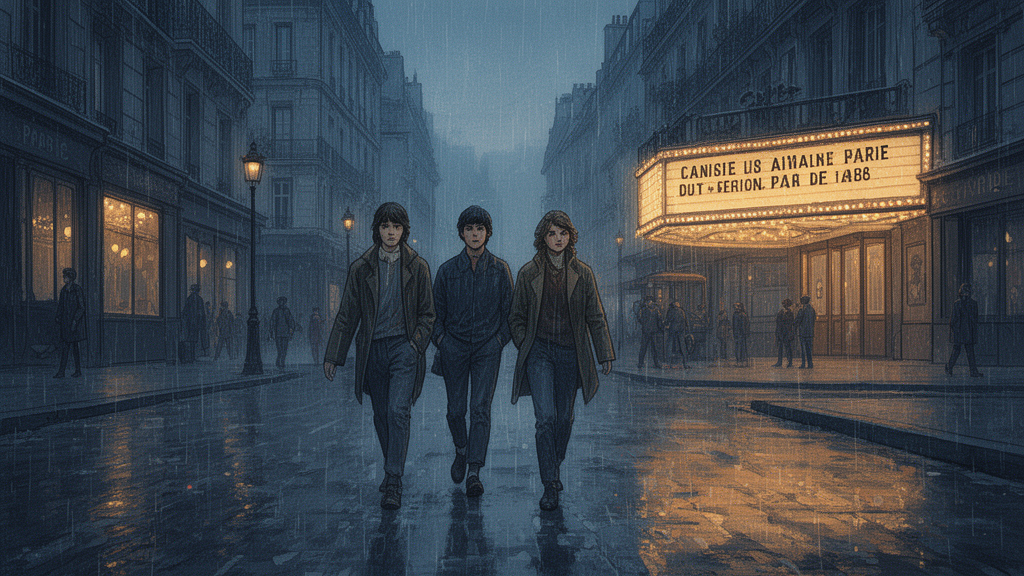 Three young figures walk along a wet Paris street at dusk beside a dim cinema marquee, painted in a muted, atmospheric editorial style.