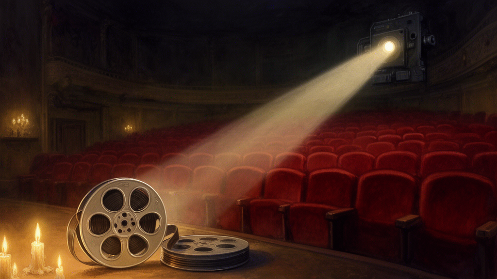 A vintage cinema auditorium with a projector beam crossing empty red seats and a film reel in the foreground, rendered in a quiet, reverent painterly style.