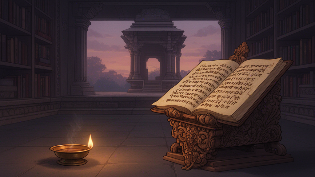 An open palm-leaf manuscript on a wooden stand beside a brass oil lamp in a dim temple library, with the script shown as unreadable marks.