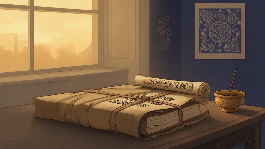 A calm study room with a wrapped scripture bundle, a rolled manuscript and an incense holder beside a window in soft morning light.
