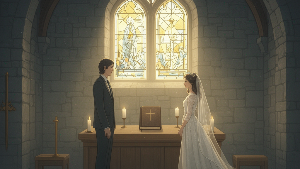 Illustration of a couple standing together at a wooden altar in a stone church, with sunlight through stained glass windows and two lit candles beside a closed Bible.