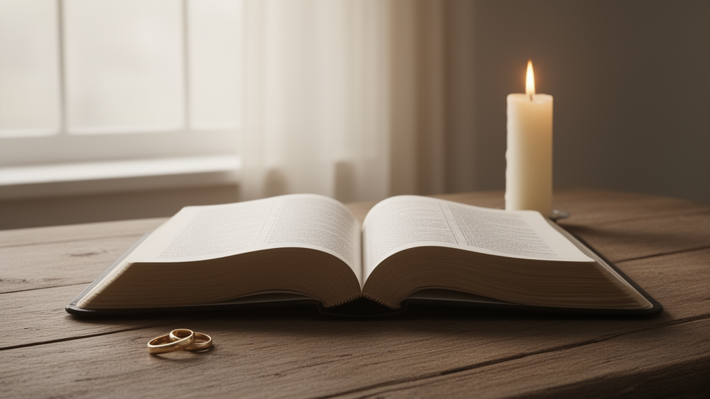 Illustration of an open Bible, two gold wedding rings, and a lit candle arranged on a wooden table in soft window light.