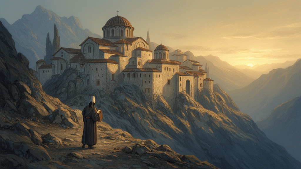 Illustration of a rocky mountain monastery at dawn with a robed traveler carrying a closed book along a stone path.