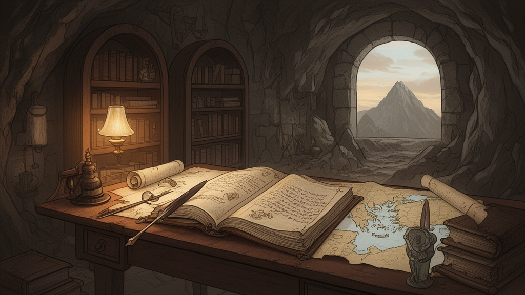 Illustration of an open manuscript, lamp, and partly unrolled map on a desk in a quiet stone study with a mountain view.