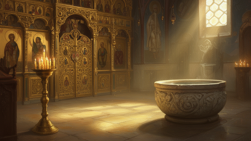 Interior of an Eastern Orthodox church with a gilded icon screen, candles, and a stone baptismal font in soft light, illustrating the setting of the Holy Mysteries.