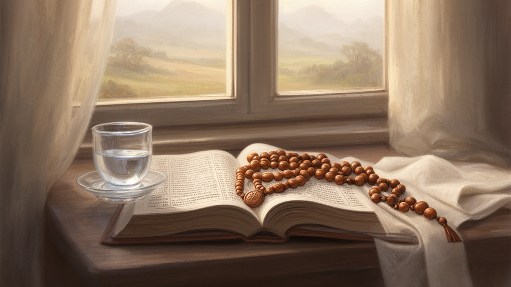 A wooden rosary with five decades lying on an open prayer book beside a window, illustrating devotion to the Mysteries of the Rosary.