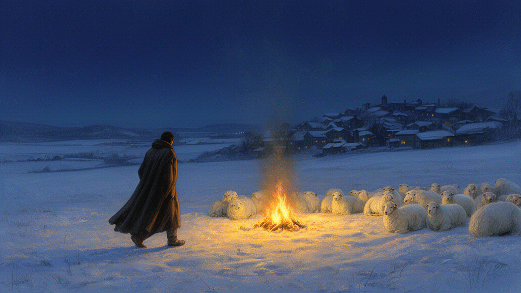 A lone traveller in a long cloak walks across a snowy field at night toward an open-air campfire, with white sheep resting quietly around it and a distant village under a dark winter sky.