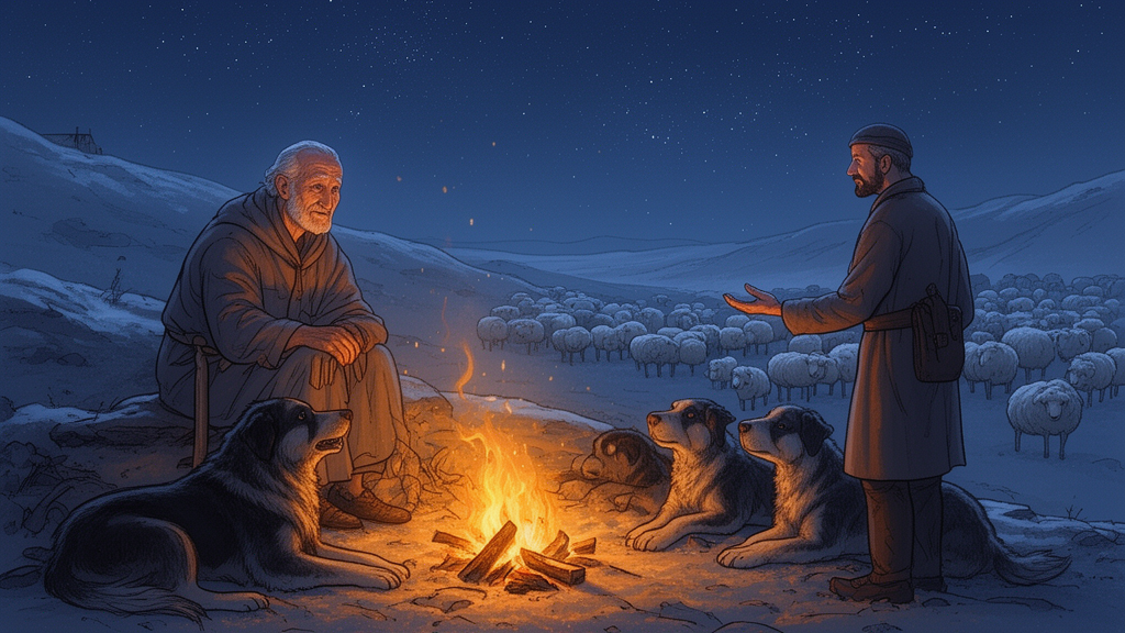 An elderly shepherd sits by a fire on a hillside at night, looking up toward a visitor who extends an open hand, while three dogs rest at his feet and sheep lie in the background.