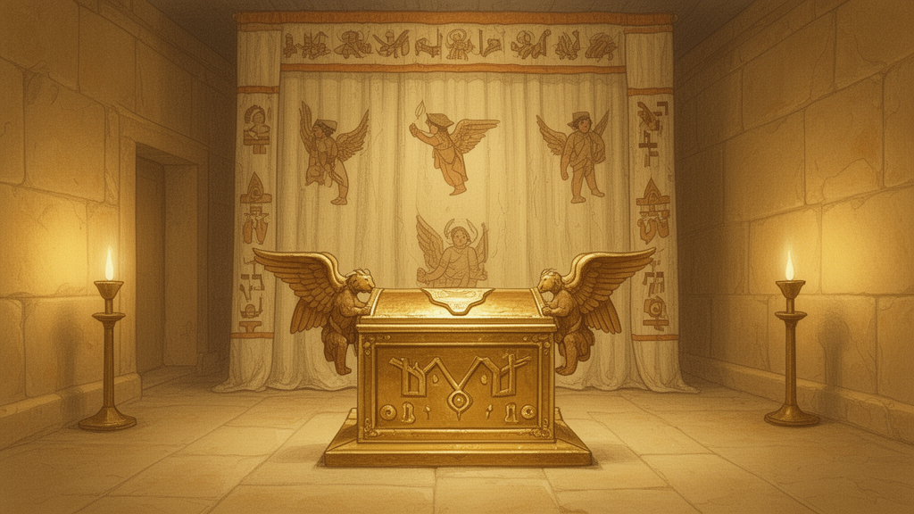 Illustration of the inner sanctuary of an ancient Hebrew tabernacle with a gold ark, a mercy seat and two winged cherubim, behind a patterned veil.
