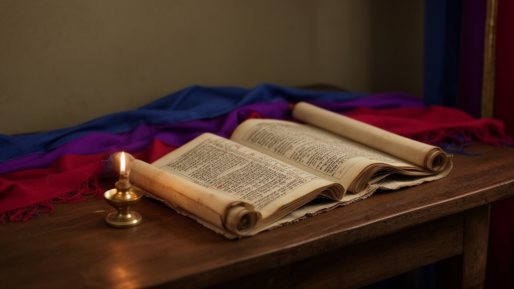 An open scroll beside a lamp on a table, with folded colored linen suggesting the veil of the ancient Tabernacle.