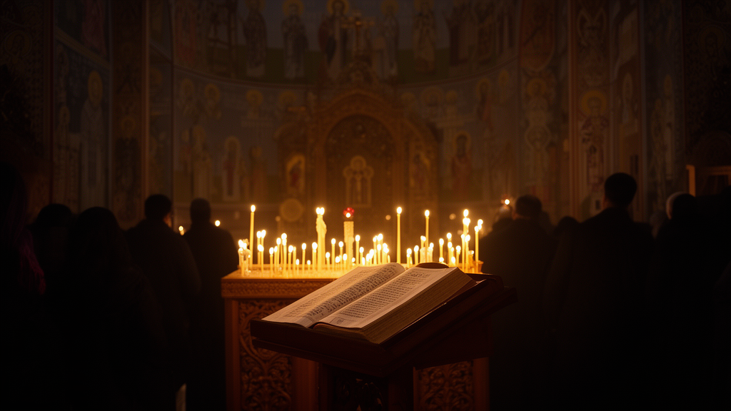 Candlelit Coptic Orthodox church interior before dawn with worshippers in silhouette beside an open liturgical book on a lectern.