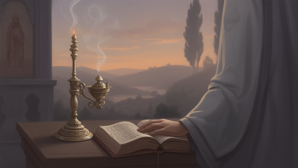 A cantor’s hand on an open hymnal beside a censer with incense smoke in a quiet Coptic sanctuary at dawn.