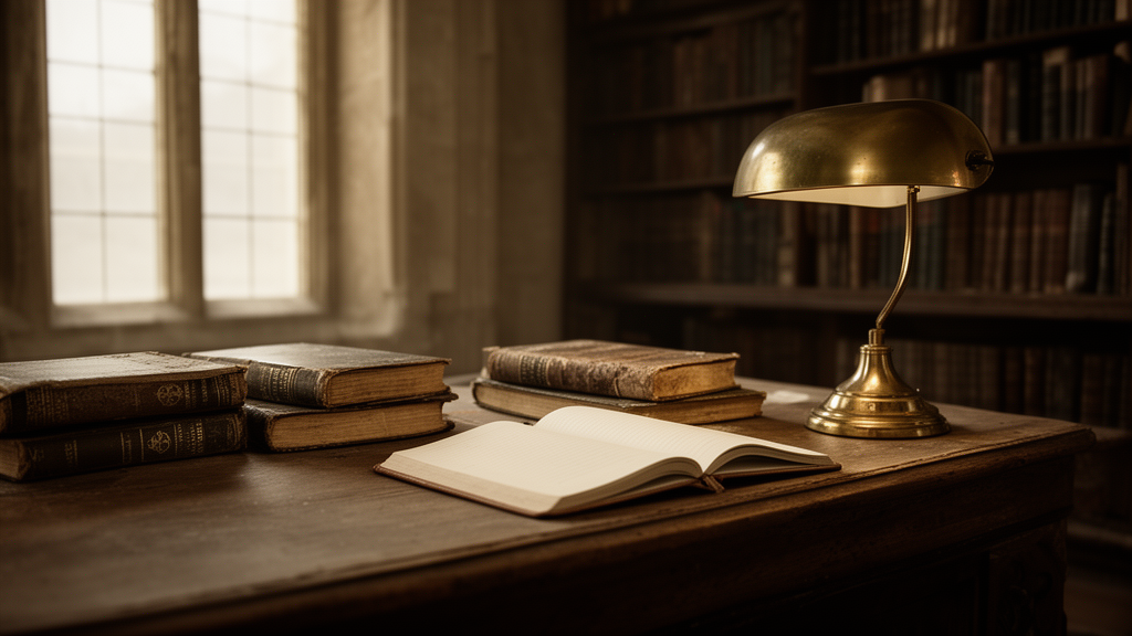 A quiet university reading desk with closed history books, a brass lamp, and a blank notebook beside a tall window.