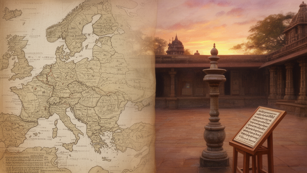A dawn courtyard of a stone temple with a lamp and a wooden book stand, with a faded historical map of Europe in the foreground.