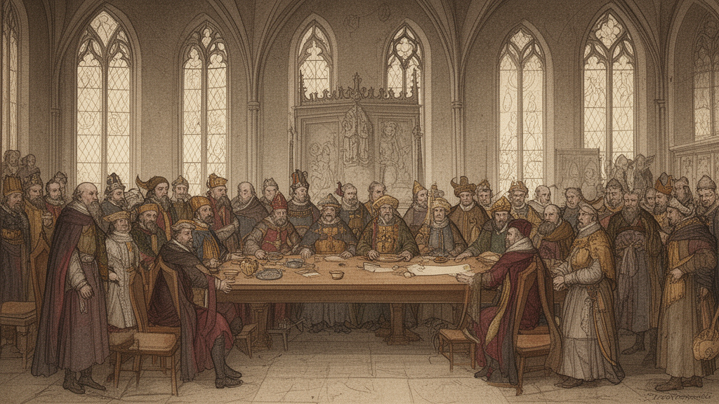 Illustration of robed princes, bishops, and envoys meeting in a Gothic-windowed assembly hall, representing the imperial assemblies of the Holy Roman Empire.