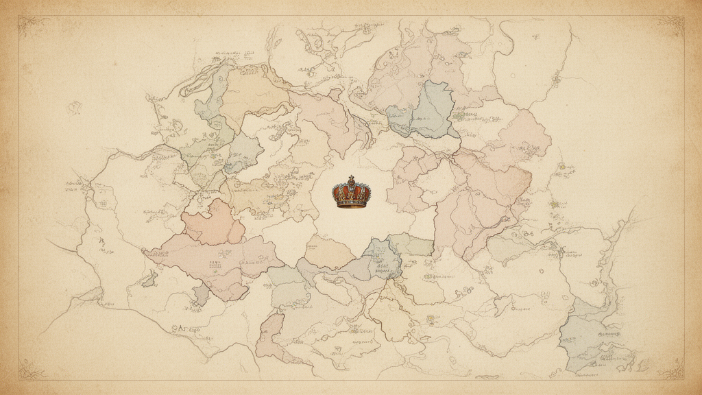 Antique-style map of Central Europe with many overlapping territories and a small imperial crown, illustrating the decentralized structure of the Holy Roman Empire.