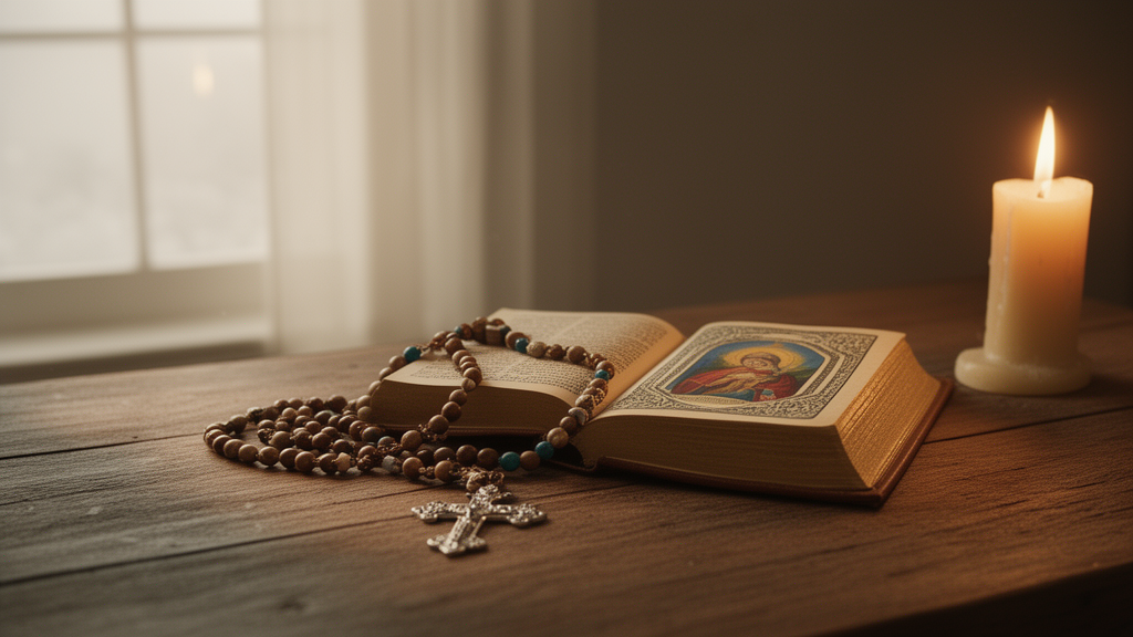 Rosary beads and an open illustrated prayer book on a wooden table, lit by candlelight beside a window.