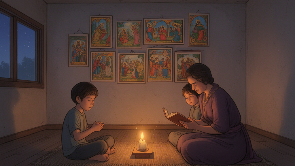A parent and child sharing a small illustrated prayer book by candlelight in a quiet home at dusk.