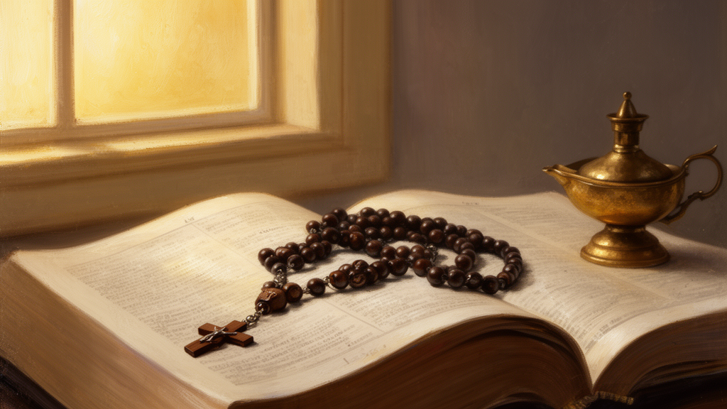 Wooden Rosary beads resting on an open Bible page beside a small lamp in a quiet room.