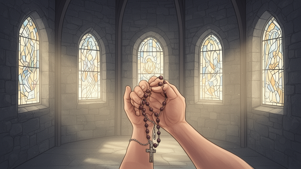 Hands holding a Rosary in a stone chapel with soft light coming through abstract stained-glass windows.