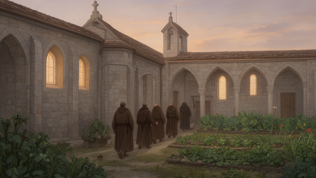 Monks in plain habits walk through a stone cloister at dawn between a chapel and a garden, illustrating the shared daily life of a Benedictine-style community.
