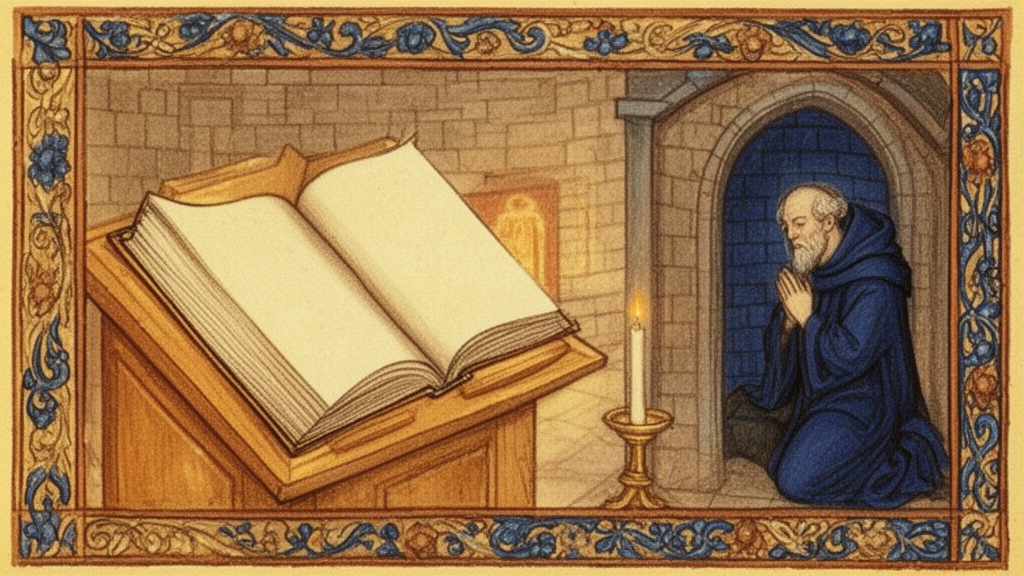 An open book on a wooden lectern in a stone chapel, lit by a single candle, with a monk in quiet prayer behind it, suggesting the prayer and reading central to the Rule of St Benedict.