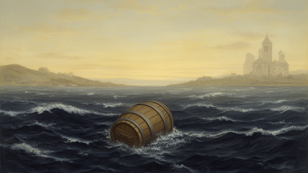 Illustration of a small sealed barrel floating on dark sea waves at dawn, with a distant coastline and monastery tower on the horizon, representing the infant's abandonment in the legend of The Holy Sinner.