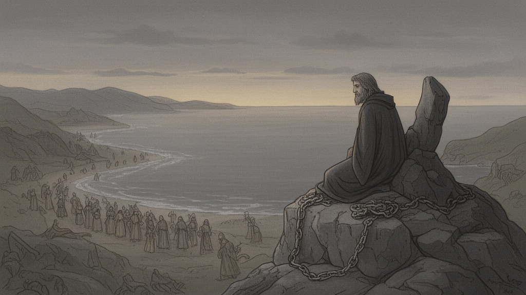 Illustration of a robed figure sitting alone on a rock above a grey sea at dusk, with a chain on the stone and distant pilgrims on the shore, representing penance in The Holy Sinner.