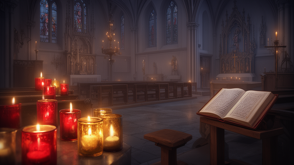 Candles burning in a dim Catholic church beside a kneeler and an open prayer book, suggesting quiet prayer for the dead.