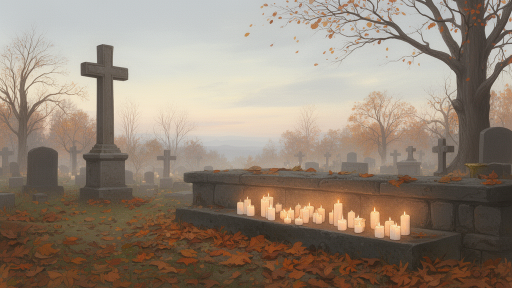 A stone cross and lit candles in an autumn cemetery, suggesting remembrance of the faithful departed during November.