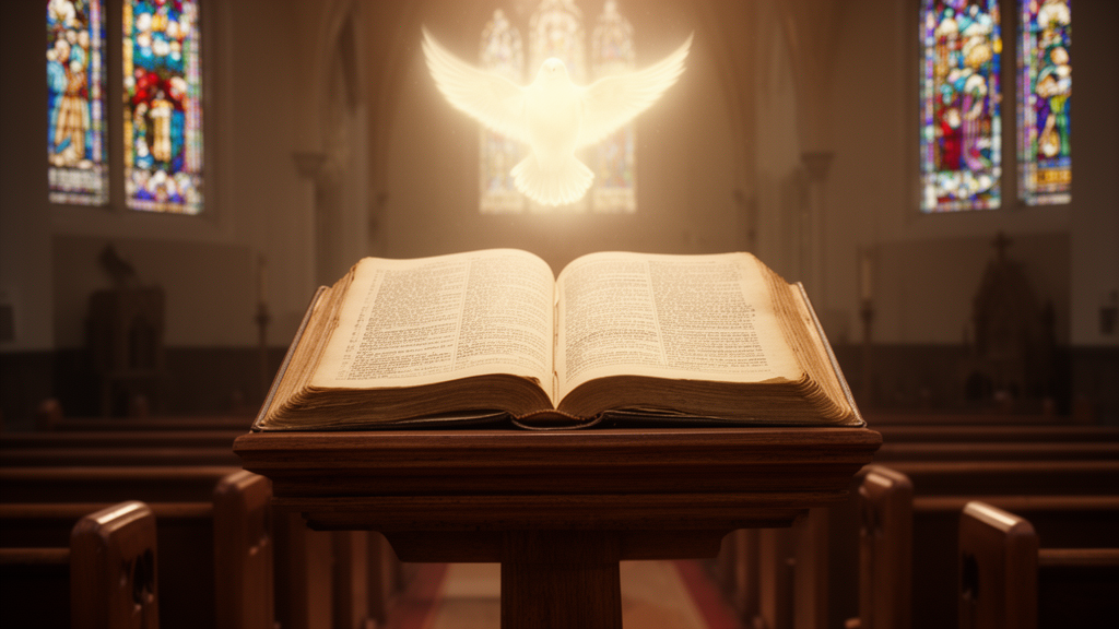 An open book on a wooden lectern in a softly lit church interior with stained glass windows and a faint dove of light above the pages.