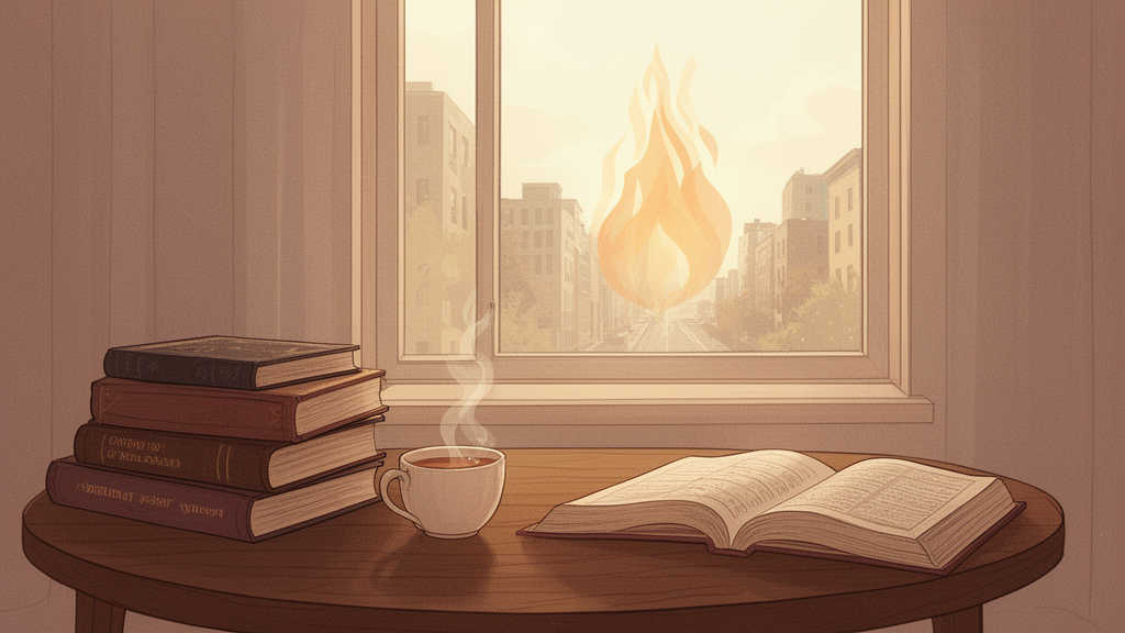 A quiet study table with stacked books, a cup of tea, and a sunlit window with a faint flame motif in the glass.