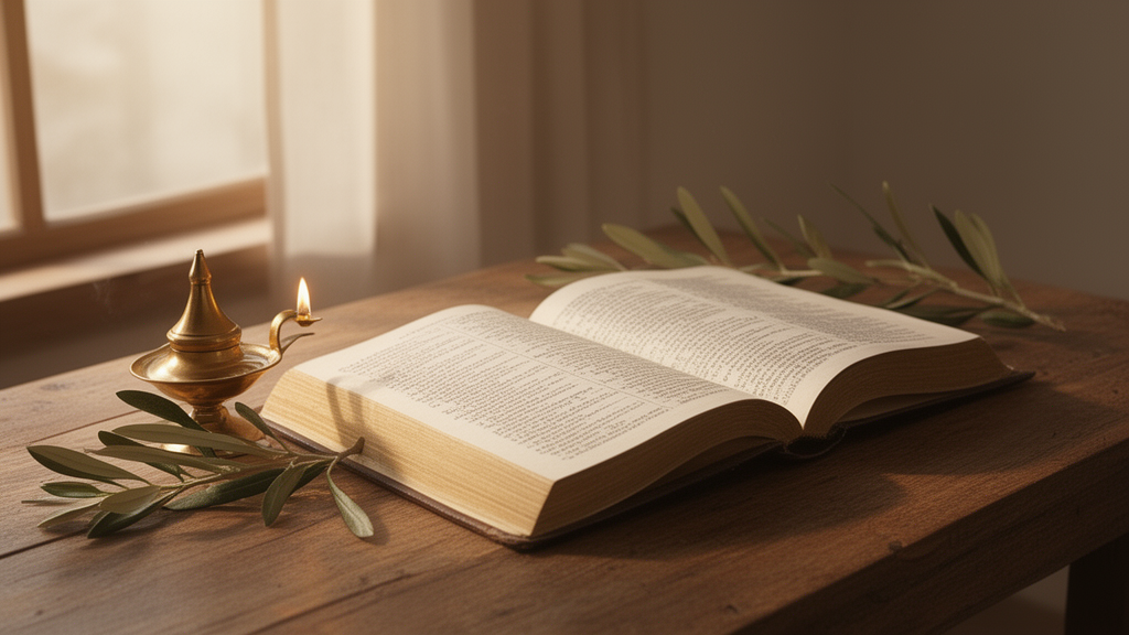 An open devotional book on a wooden table beside a small oil lamp and olive sprig, lit by soft morning light.