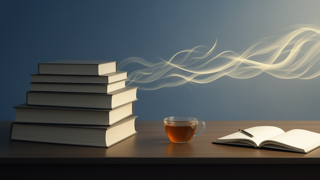 A quiet study corner with stacked books, a notebook, and soft pale light ribbons drifting across a wall, suggesting moving air.