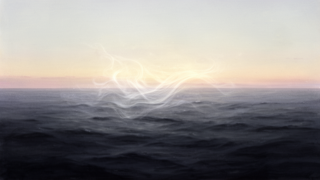 Painted landscape of dark, still waters under a pale dawn sky, with a soft wind-like light moving across the surface, suggesting the Spirit of God hovering over the waters in Genesis 1:2.