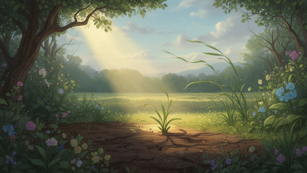 Painted scene of newly formed green earth under a shaft of light, with a gentle breeze moving through young plants and a distant horizon, illustrating the creation and renewal of living things.