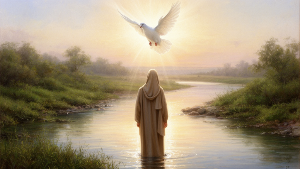 Painterly illustration of a white dove descending over the Jordan River at dawn above a figure standing in the water, representing the Spirit's descent at Jesus's baptism in Luke 3.