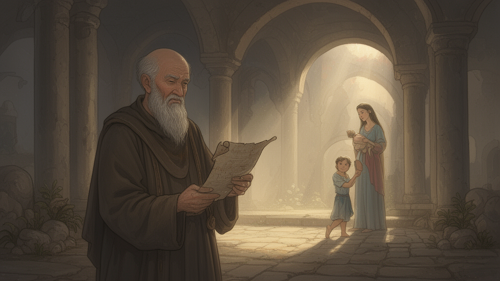 Illustration of an elderly man in a stone temple courtyard holding a scroll while a young family stands in soft light, representing Simeon's Spirit-guided meeting with Jesus in Luke 2.