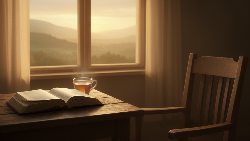 An open Bible and a cup of tea on a wooden table in morning light, with an empty chair across from it, suggesting a quiet daily prayer routine.