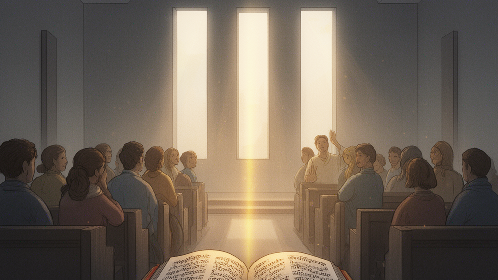 A small prayer hall with people seated quietly, sunlight from tall windows falling on an open hymnal, representing communal prayer and reflection.
