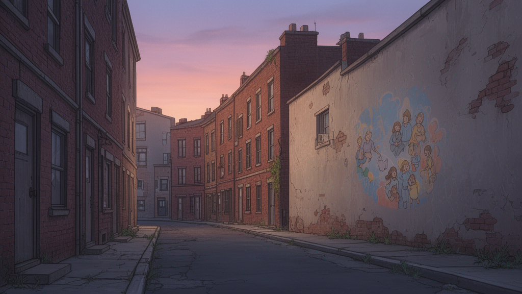 A dusk street of brick rowhouses with a hand-painted mural on a plain wall, suggesting everyday storytelling.