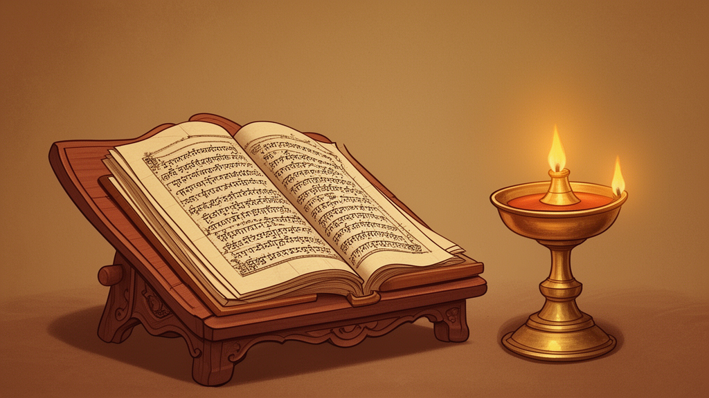 Held illustration: a closed palm-leaf manuscript on a wooden stand beside a brass oil lamp, to be used only if the owner confirms a Hindu-related topic.