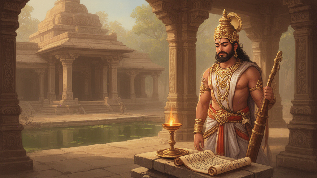 Illustration of a warrior-class figure in a temple courtyard with a lamp and scripture scroll, representing duty and reflection in Hindu tradition.