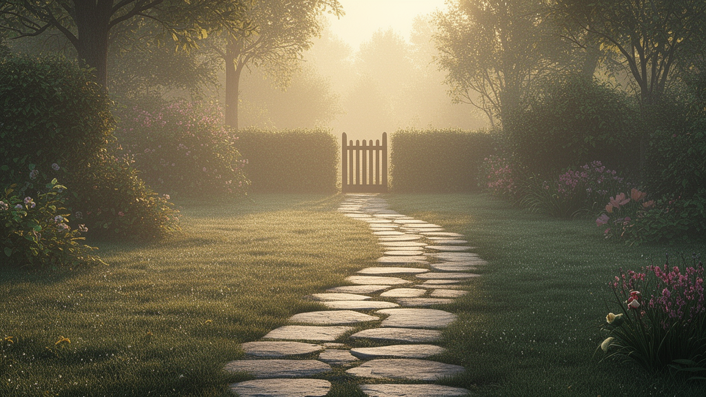 A narrow stone footpath winds through a quiet, dew-covered garden at dawn, with a wooden gate in the distance.