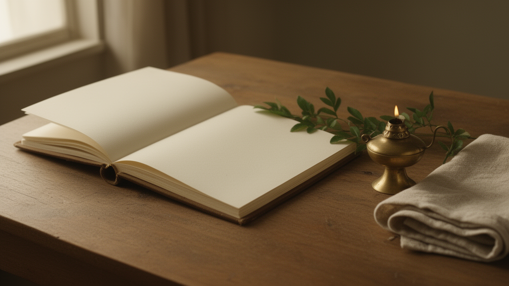 An open book with blank pages sits on a wooden table beside a small brass lamp, a folded cloth, and green leaves.